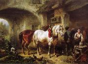Wouterus Verschuur, Horses and people in a courtyard